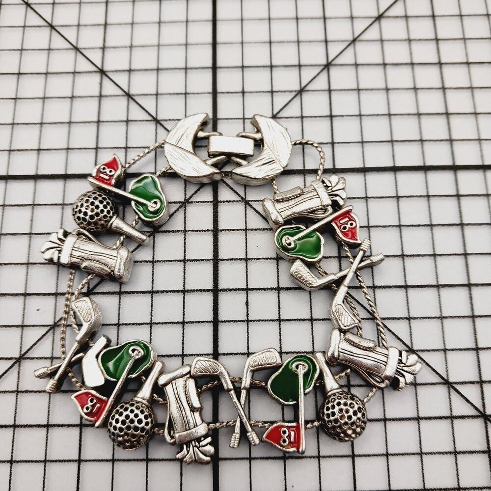 Bracelet VTG Charm Golf Silver Tone Enamel Golfer Country Club Fold Over Clasp